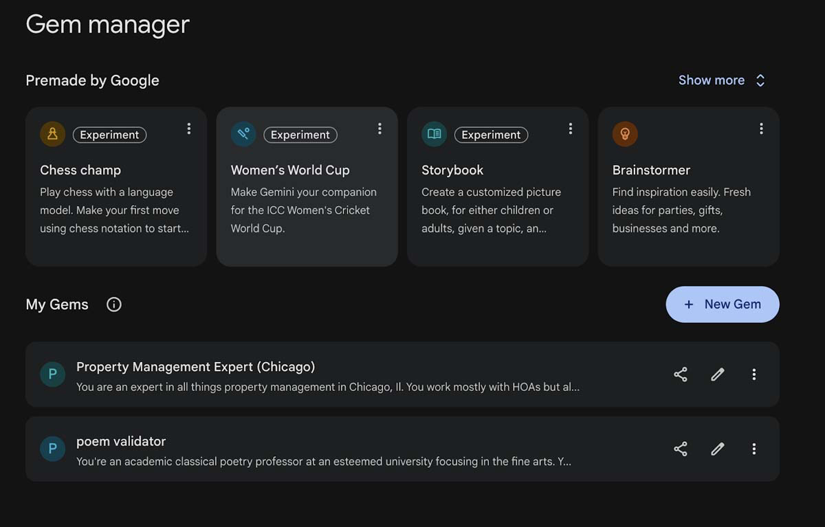 Gemini Gem Manager interface